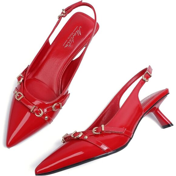 Mostrin Kitten Heel Ruby Faux Leather Low Slingback Heel with Buckle Dress Shoes - Picture 9 of 9